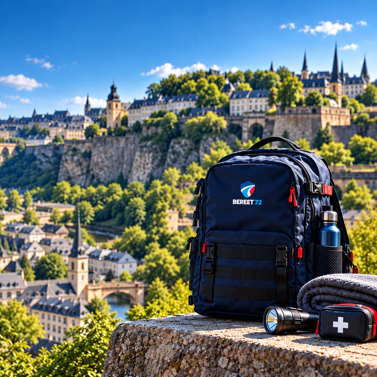 Navyblauer BEREET 72 Notfallrucksack mit Decke, Taschenlampe und Erste-Hilfe-Tasche vor der Altstadt von Luxemburg